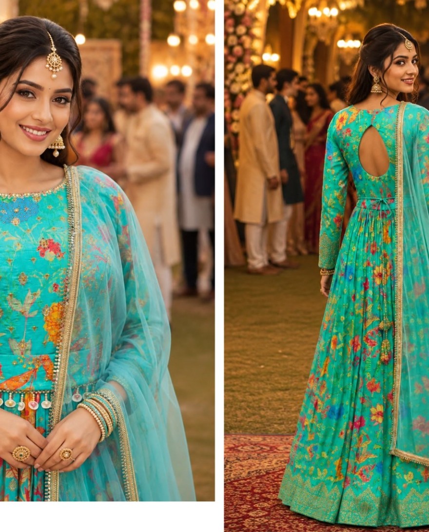 TURQUISE - Colour Turquoise Fabric Viscose Occasion Ceremonial, Engagement, Wedding Style Gown Work Embroidered, Print